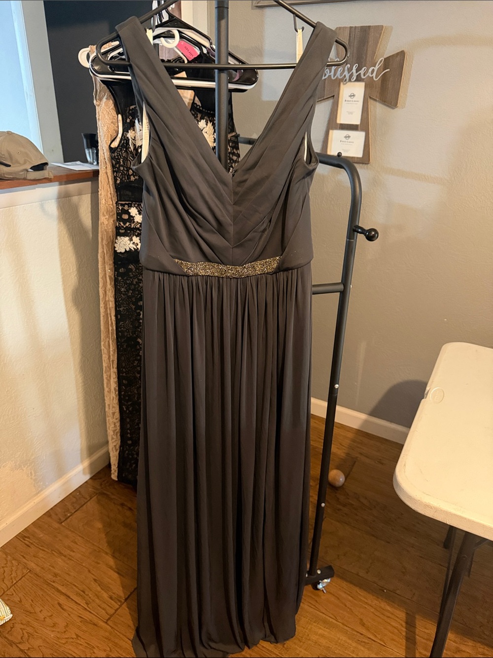 David's Bridal Dark Gray V-Neck Maxi Dress with Gold Waist Detail